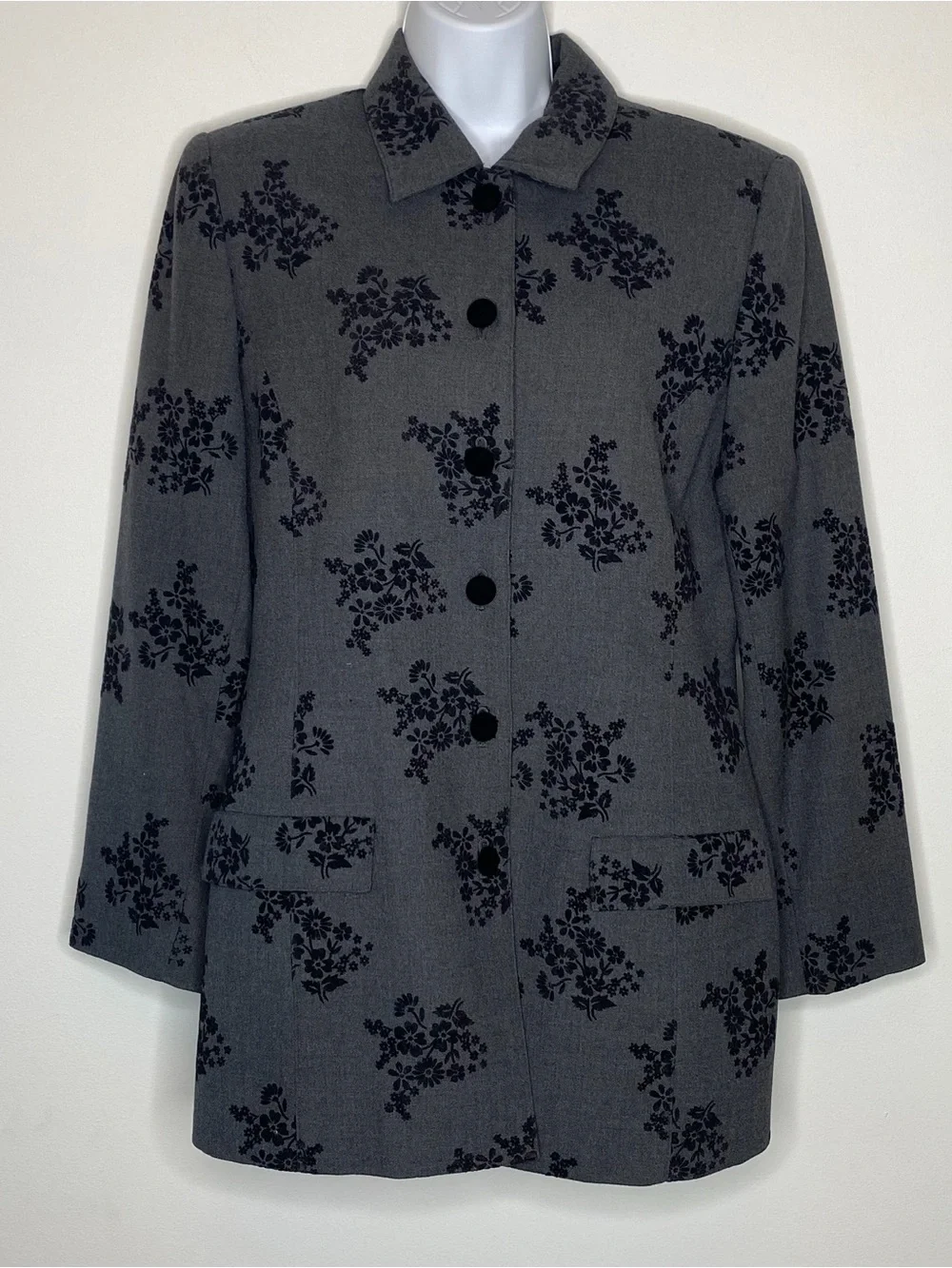Amanda Smith Vintage Pure Wool Charcoal Grey Flocked Black Floral Blazer Jacket